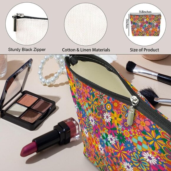 Retro Hippie Flowers Makeup Bag Floral Lovers Gift Vintage Flower Cosmetic Bag M - Picture 5 of 5